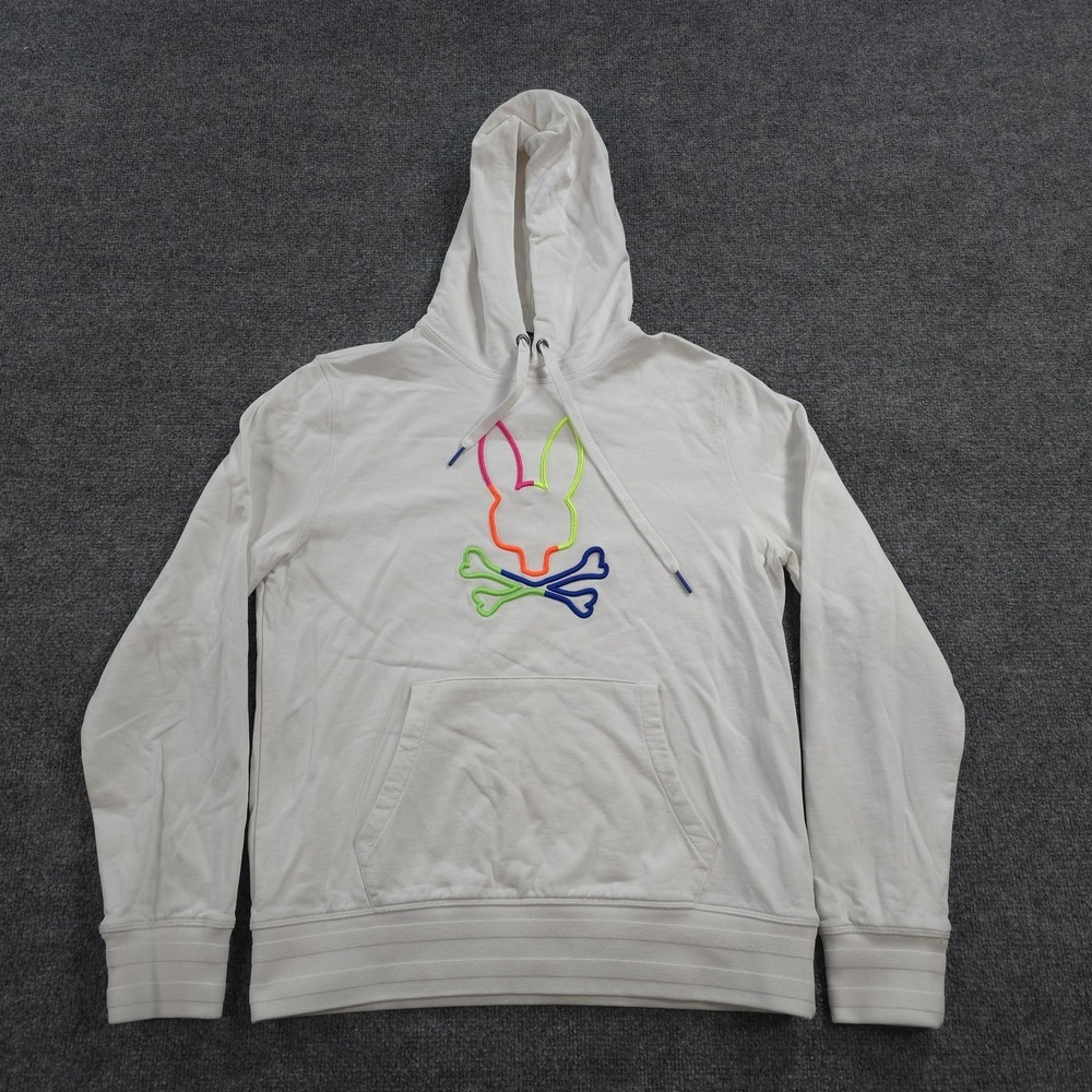 Psycho Bunny Hoodie Mens Medium White Leo Neon Skull Crossbones Graphic Pullover